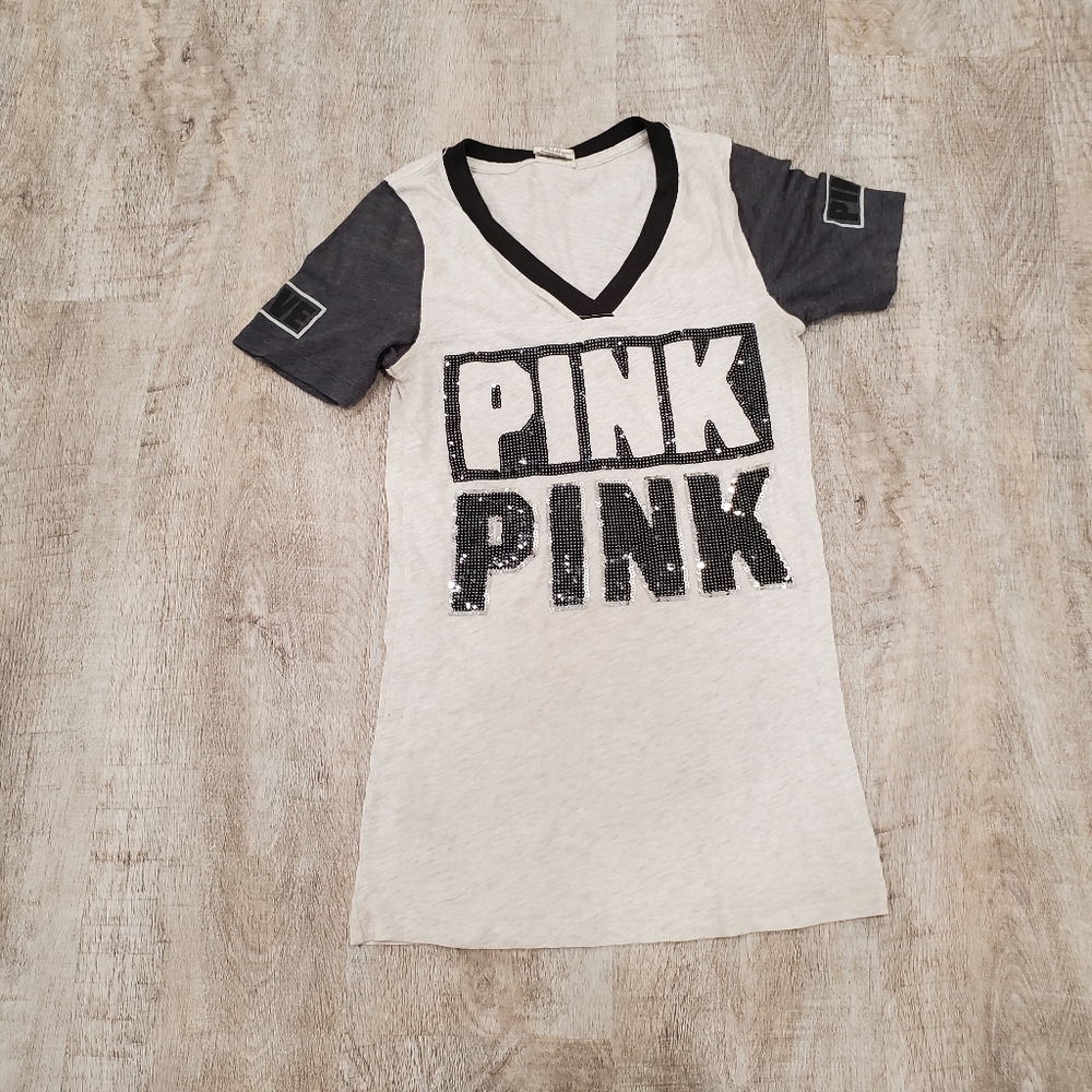 Victoria's Secret PINK Gray and White Sequin Short-sleeved T-shirt Size XS
